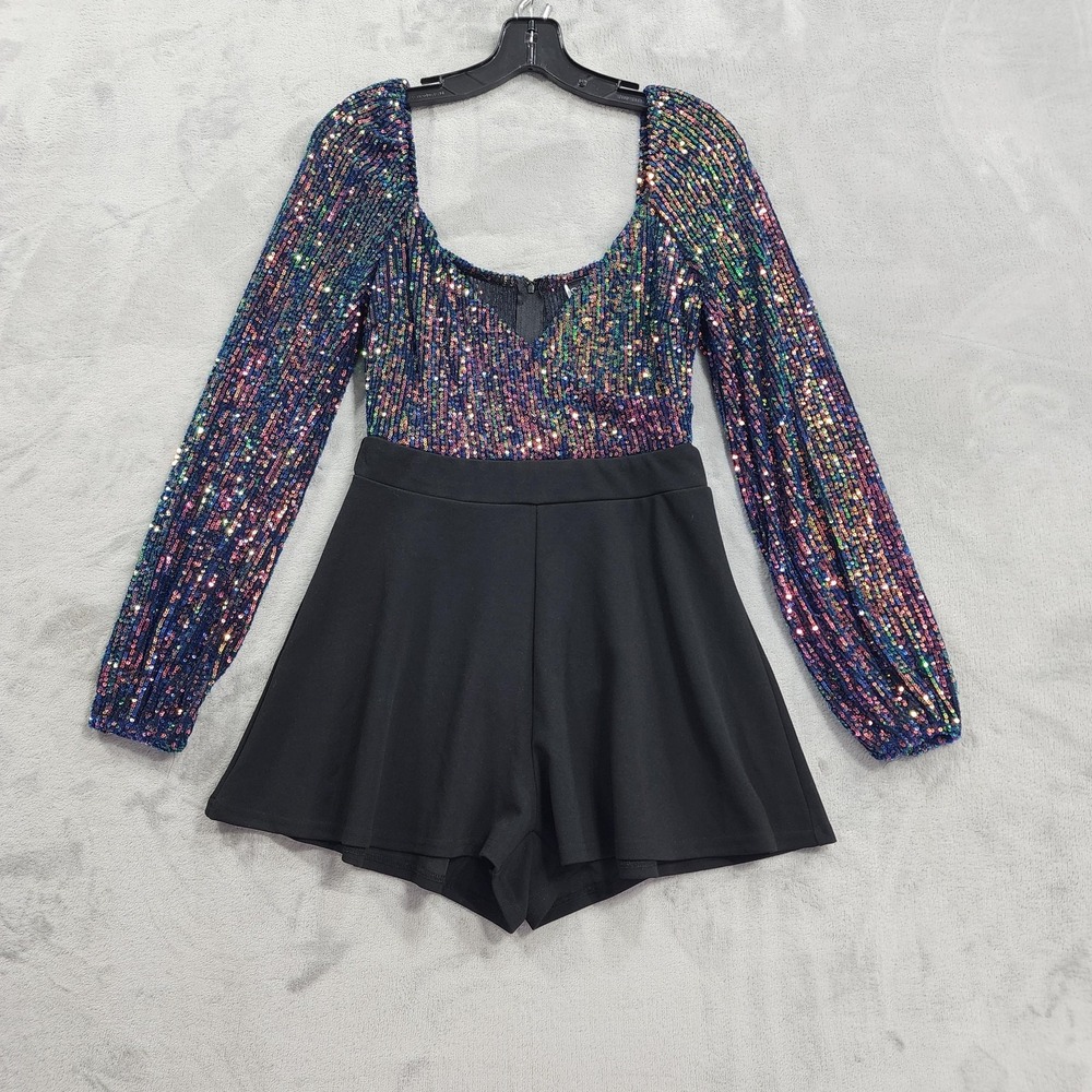 Windsor Romper Womens M Black Multicolor Sequin Long Sleeve Party Skort Playsuit